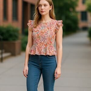 Solitaire Feminine Eyelet Floral Print Flutter Cap Sleeve Top Pink